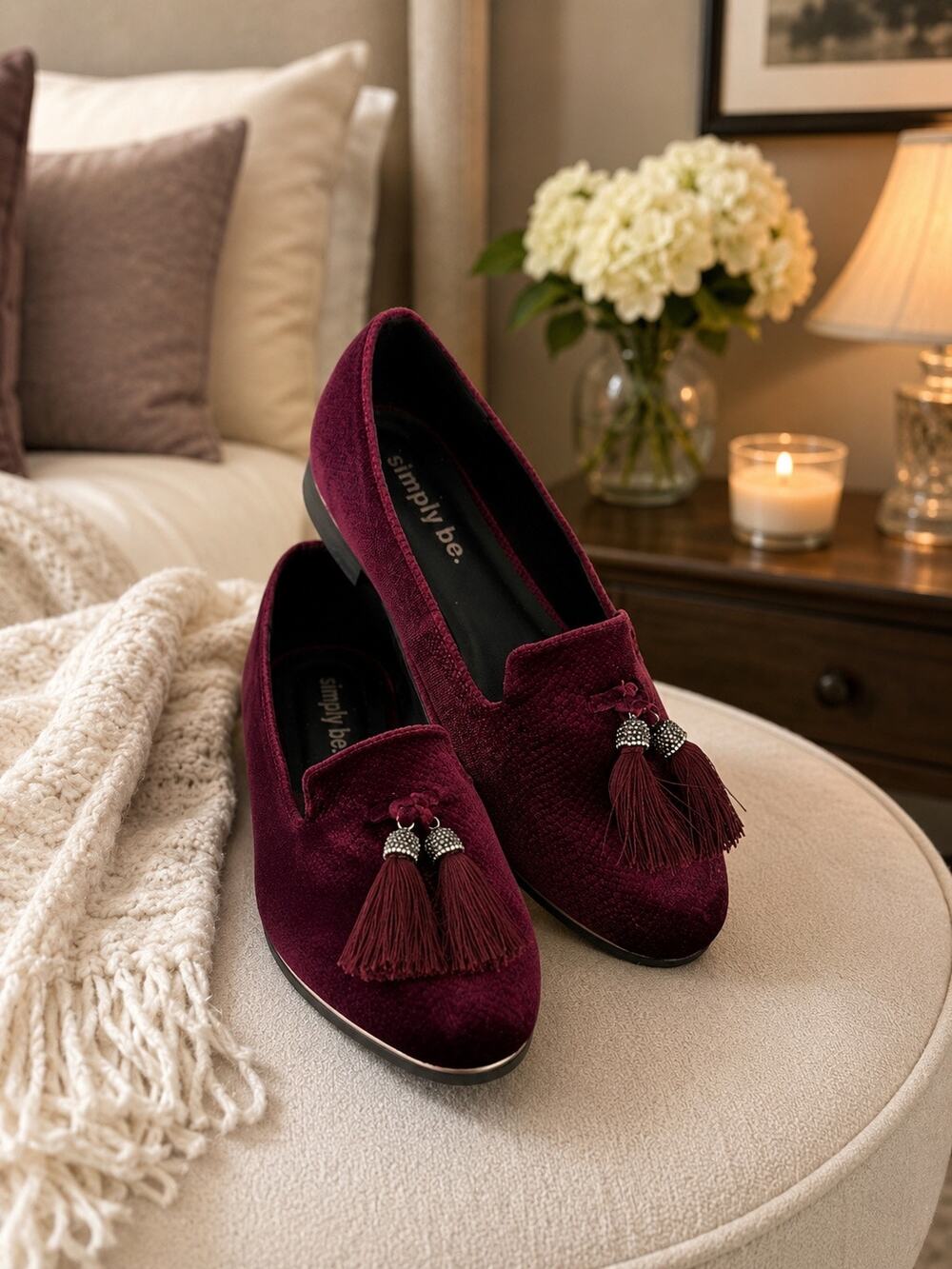 Simply Be Burgundy Velvet Tassel Loafers Rhinestone Accent Wide Fit Women's 7W